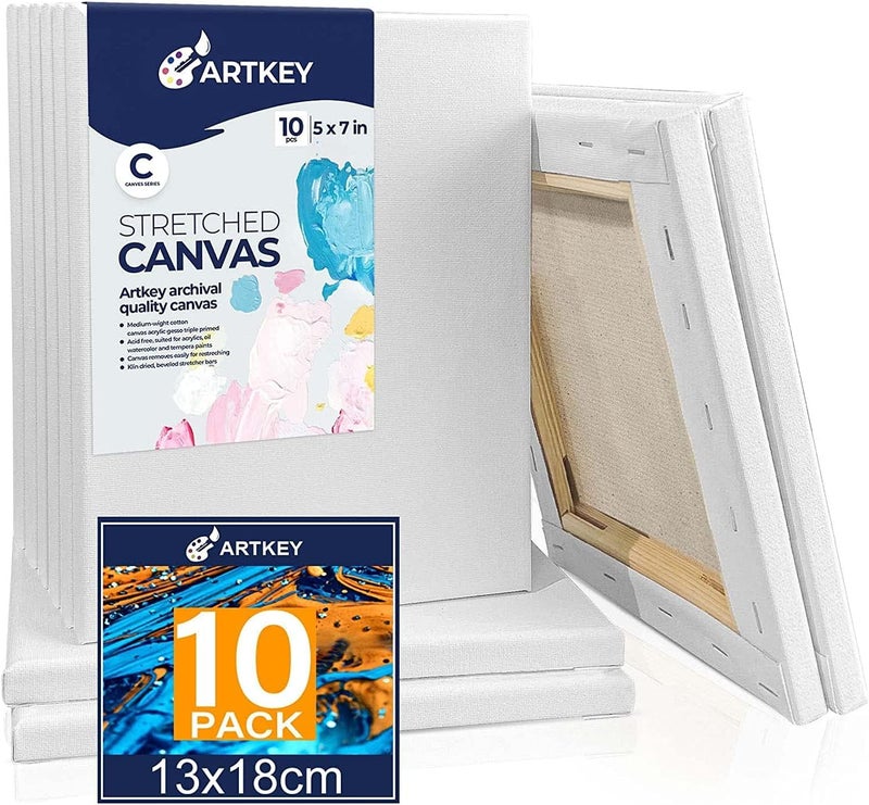 Artkey Stretched Canvases for Painting 5x7 Inch 10-Pack, 10 oz Triple Primed Acid-Free 100% Cotton Blank Canvas, Small Canvases for Oil Paint Acrylics Pouring & Wet Art Media - Image 1